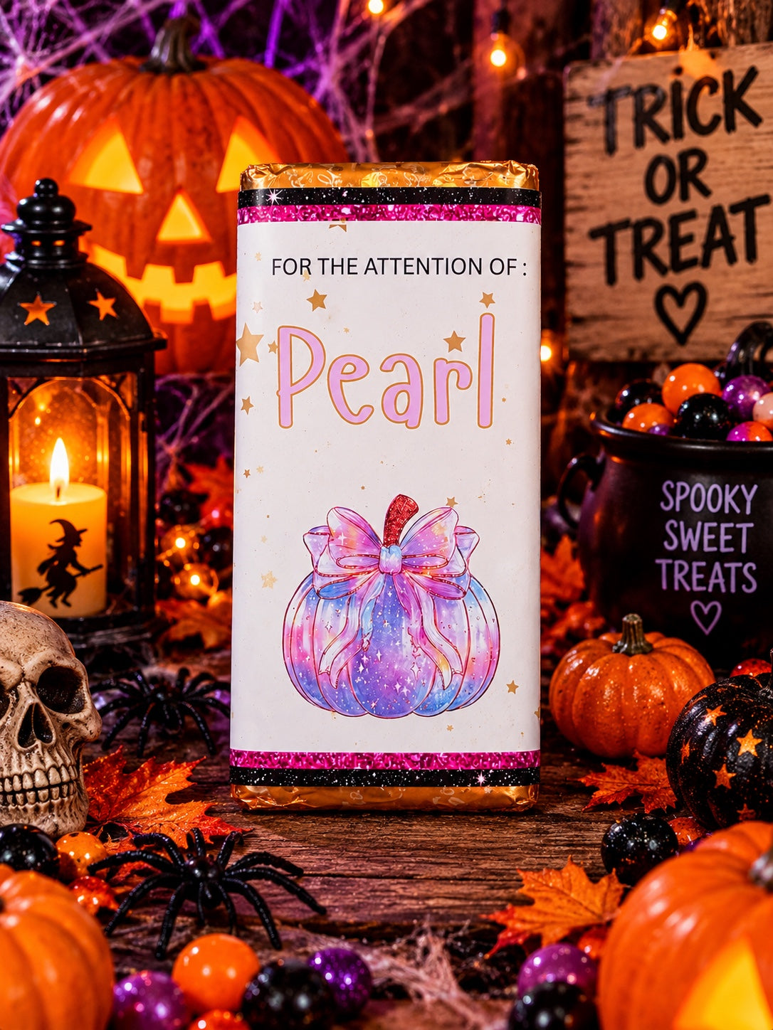 Personalised pink pumpkin Halloween chocolate bar wrapper
