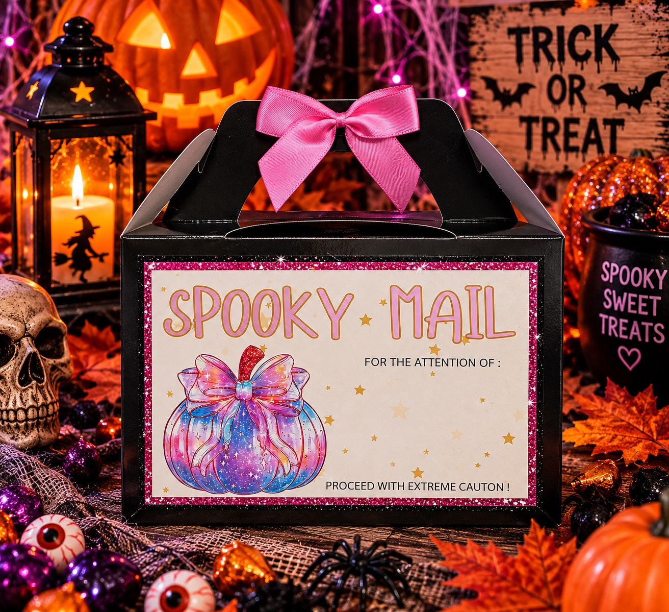 Personalised pink pumpkin Spooky Mail Halloween treat box
