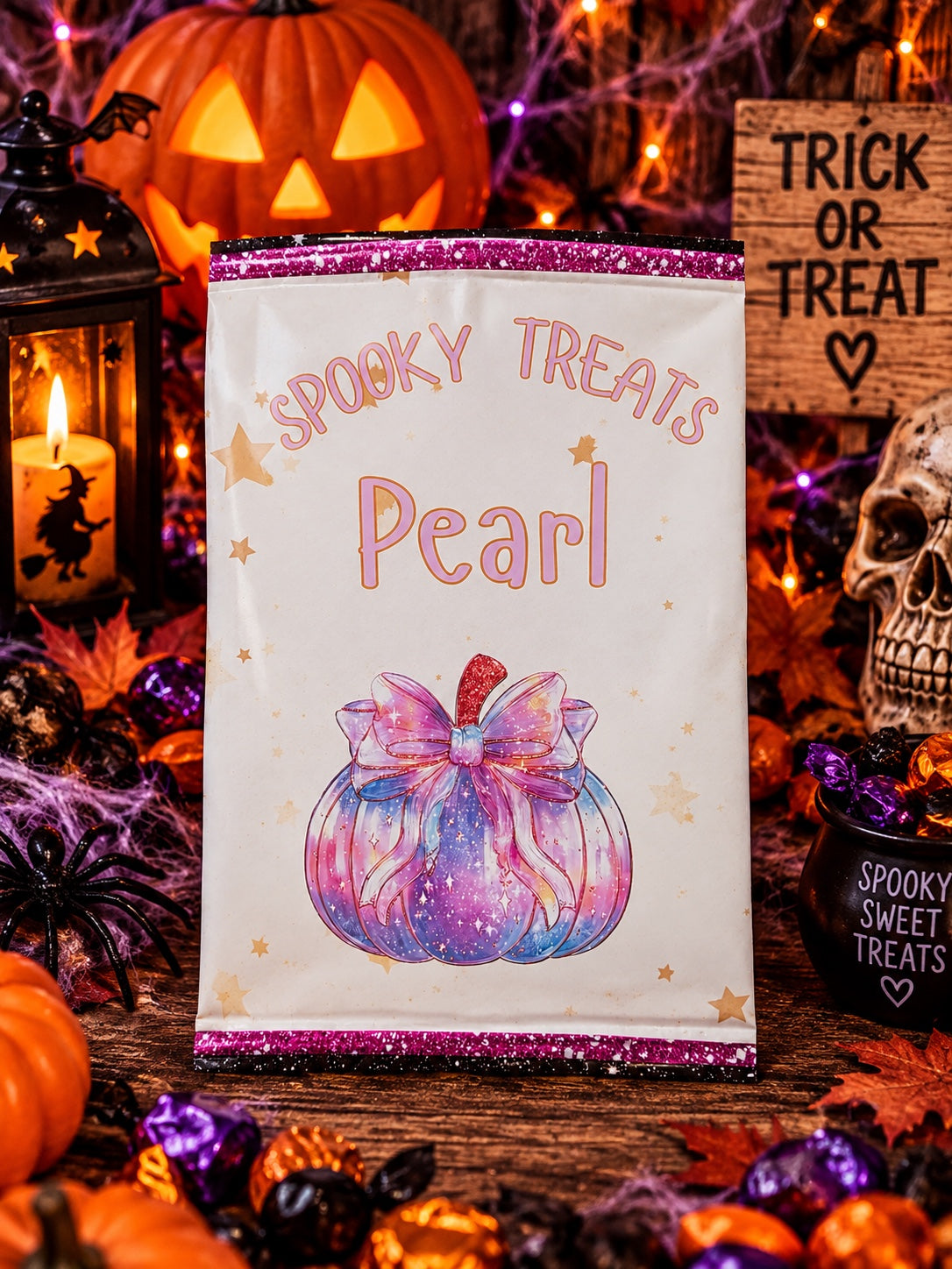 Personalised pink pumpkin Spooky Treats Halloween treat packet