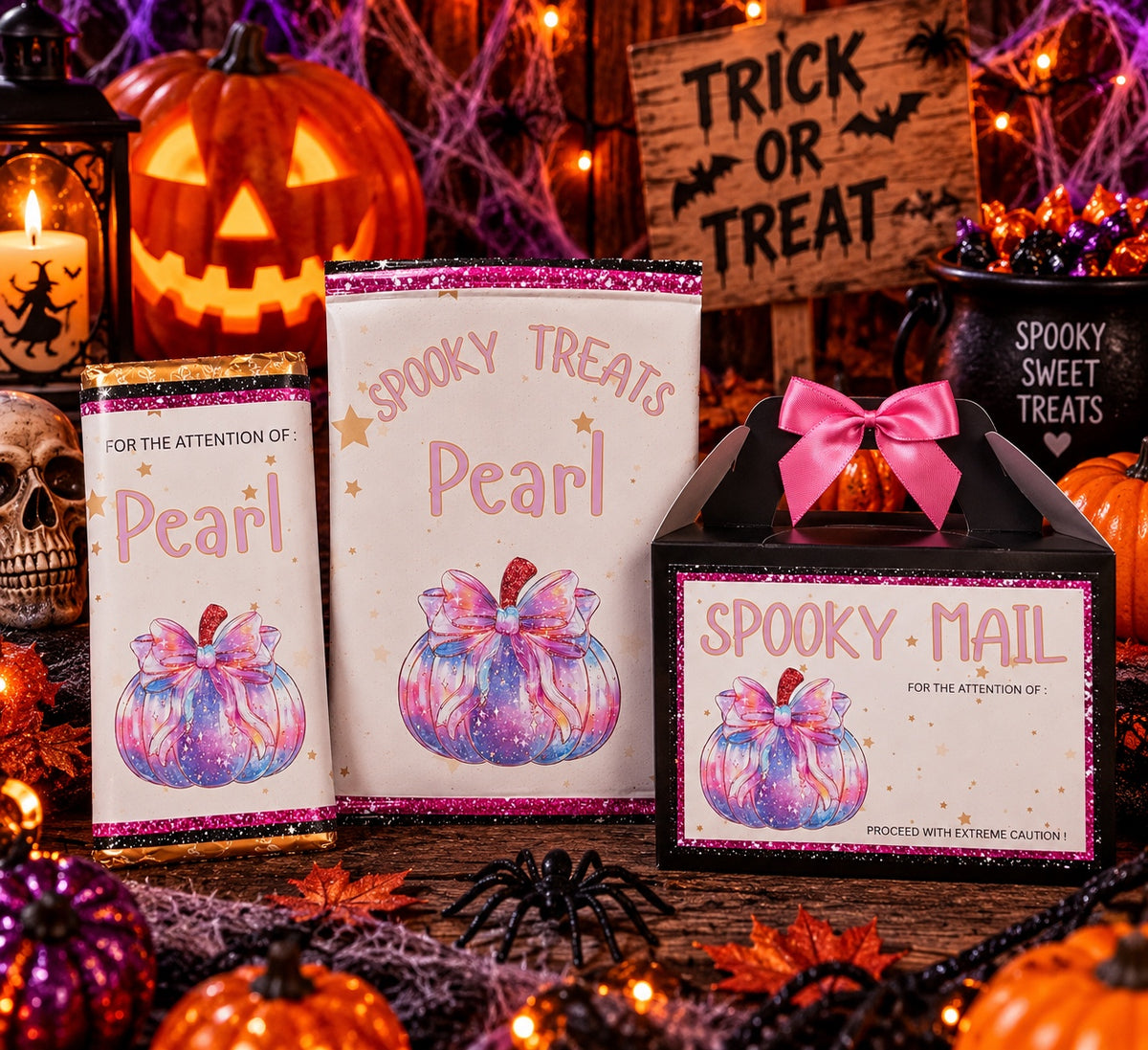 Personalised pink pumpkin Spooky Treats Halloween full set