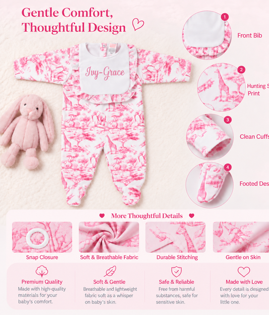 Personalised pink safari baby romper with embroidered name