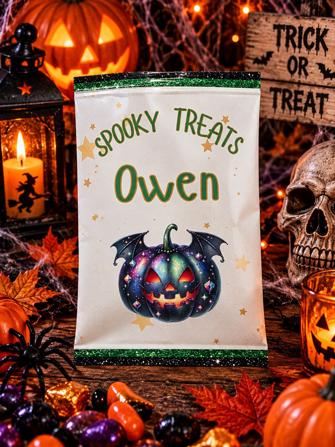 Personalised pumpkin Spooky Treats Halloween treat packet