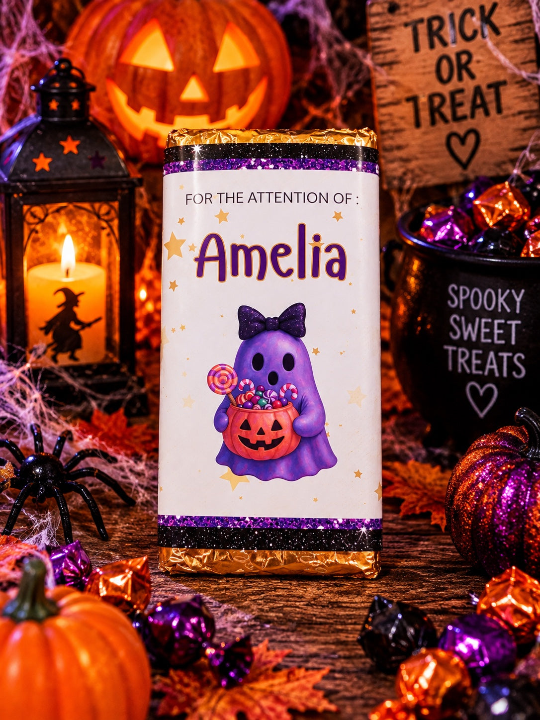 Personalised purple ghost Halloween wrapped chocolate bar