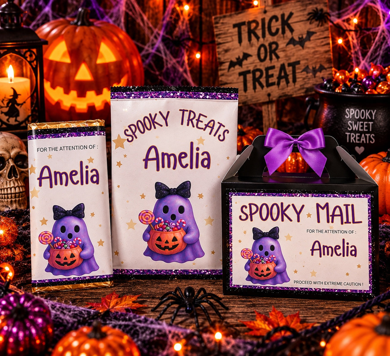 Personalised purple ghost Spooky Mail Halloween full treat set
