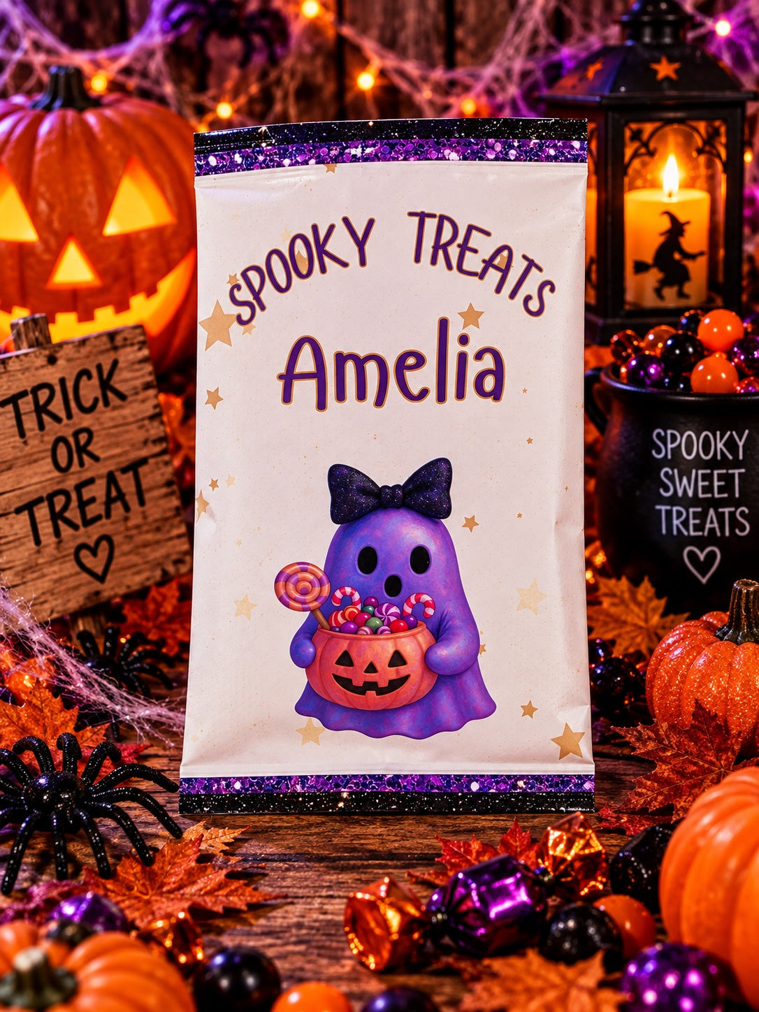 Personalised purple ghost Spooky Treats Halloween packet