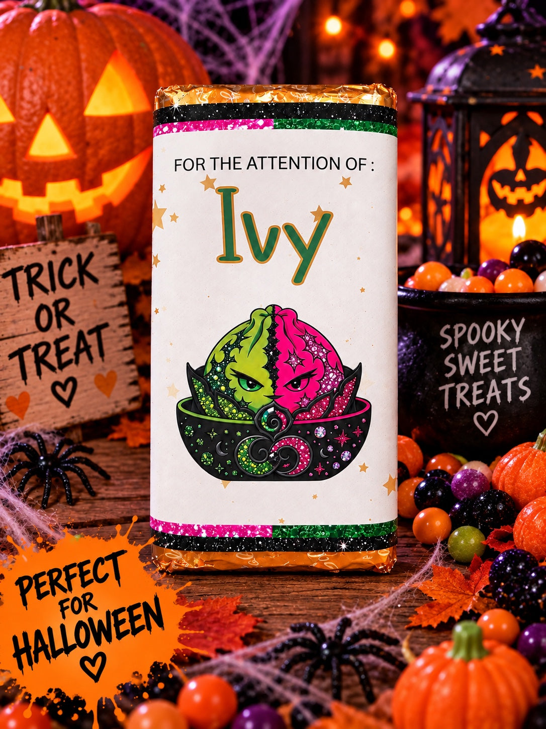 Personalised Spooky Treats Halloween chocolate bar wrapper