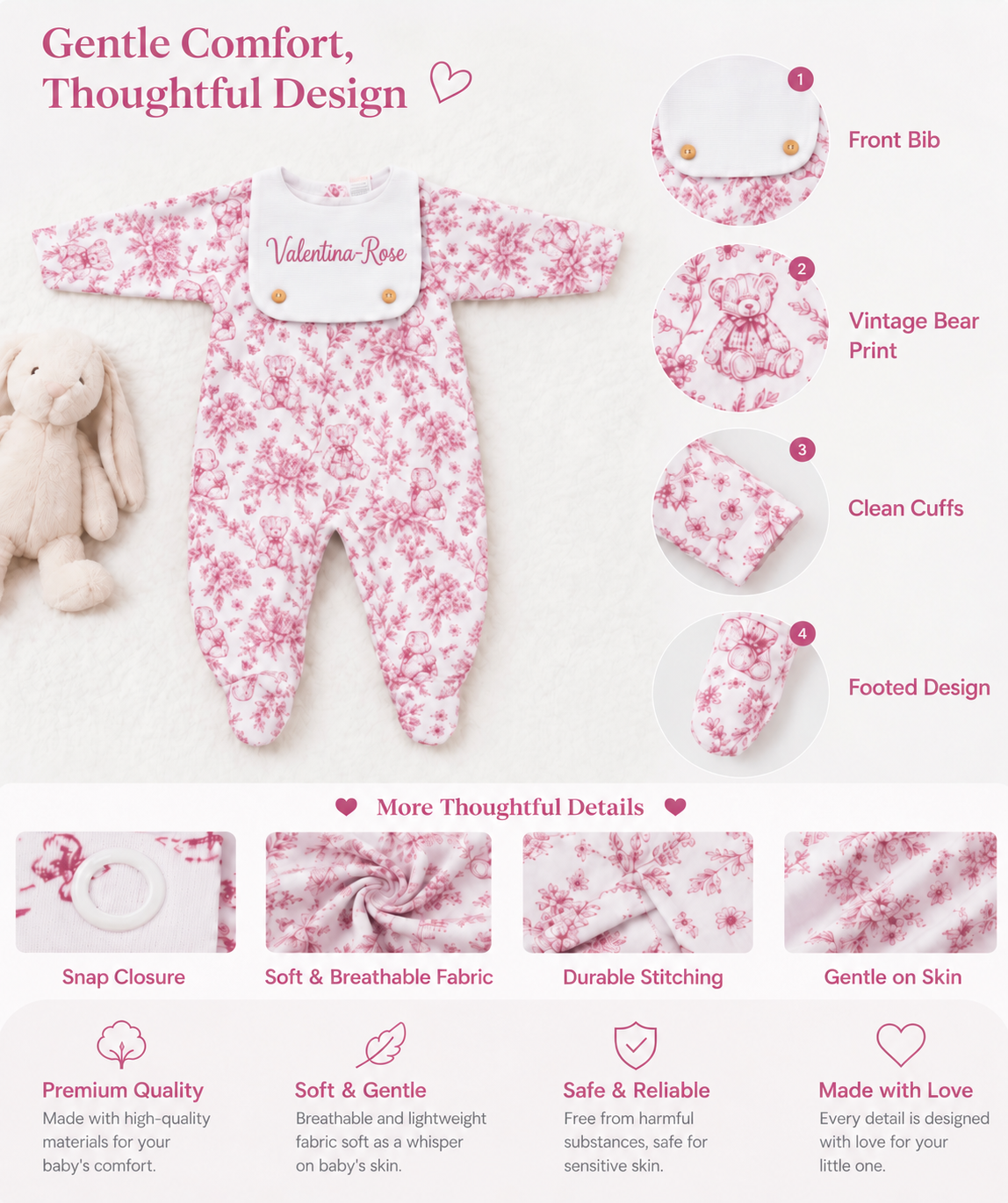 Personalised vintage bear baby romper with embroidered name